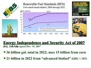 Energy Independence and Security Act of 2007   (P.L. 110-140)  signed Dec. 19, 2007 36 billion gal. total in 2022; max 15 billion from corn 21 billion in 2022 from “advanced biofuel”  GHG < 50% 