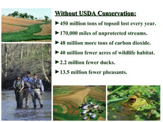 Without USDA Conservation: 450 million tons of topsoil lost every year. 170,000 miles of unprotected streams. 48 million more tons of carbon dioxide. 40 million fewer acres of wildlife habitat. 2.2 million fewer ducks. 13.5 million fewer pheasants. 