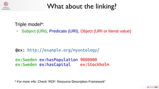What about the linking?
Triple model*:
– Subject (URI), Predicate (URI), Object (URI or literal value)
@ex: http://example.org/myontology/
ex:Sweden ex:hasPopulation 9000000
ex:Sweden ex:hasCapital ex:Stockholm
* For more info: Check “RDF: Resource Description Framework”
 