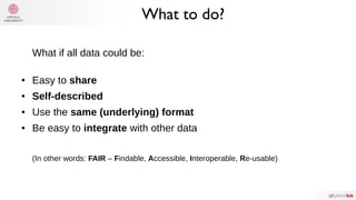 What to do?
What if all data could be:
● Easy to share
● Self-described
● Use the same (underlying) format
● Be easy to integrate with other data
(In other words: FAIR – Findable, Accessible, Interoperable, Re-usable)
 