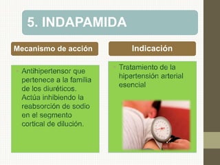 5. INDAPAMIDA
Mecanismo de acción
•
Indicación
••
 