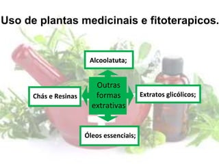 Uso de plantas medicinais e fitoterapicos.
Outras
formas
extrativas
Chás e Resinas
Óleos essenciais;
Alcoolatuta;
Extratos glicólicos;
 