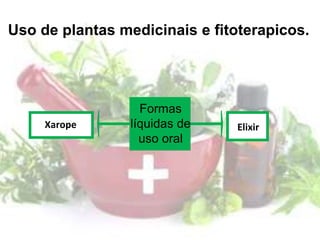 Uso de plantas medicinais e fitoterapicos.
Formas
líquidas de
uso oral
Xarope Elixir
 