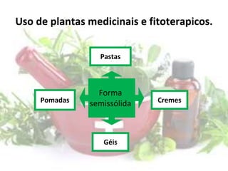 Uso de plantas medicinais e fitoterapicos.
Cremes
Pastas
Géis
Pomadas
Forma
semissólida
 