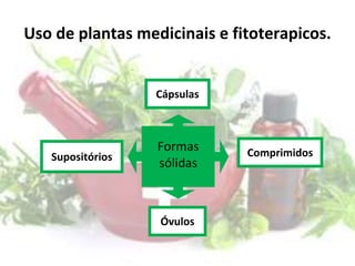 Uso de plantas medicinais e fitoterapicos.
Comprimidos
Cápsulas
Óvulos
Supositórios
Formas
sólidas
 