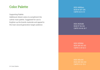 Color Palette
Supporting Palette
Additional vibrant colors to compliment the
calmer main palette. Suggested for use to
brighten up the brands materials and appeal to
the main second generation target audience.
10 | Color Palette
HEX #45bbec
RGB 69 187 236
CMYK 62 6 0 0
HEX #615e86
RGB 97 94 134
CMYK 69 66 26 7
HEX #ff9966
RGB 255 153 102
CMYK 0 49 62 0
HEX #ffcc66
RGB 255 204 102
CMYK 0 21 70 0
 