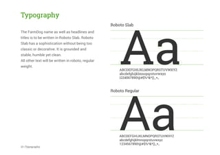 ABCDEFGHIJKLMNOPQRSTUVWXYZ
abcdefghijklmnopqrstuvwxyz
1234567890!@#$%^&*()_+,.
Aa
ABCDEFGHIJKLMNOPQRSTUVWXYZ
abcdefghijklmnopqrstuvwxyz
1234567890!@#$%^&*()_+,.
Aa
Typography
The FarmDog name as well as headlines and
titles is to be written in Roboto Slab. Roboto
Slab has a sophistication without being too
classic or decorative. It is grounded and
stable, humble yet clean.
All other text will be written in roboto, regular
weight.
13 | Typography
Roboto Regular
Roboto Slab
 