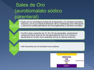 MECANISMO
DE ACCION
• Fijado por los macrófagos impidiendo la fagocitosis y la actividad enzimática
lisosoma, con lo que impide la liberación de los mediadores de la inflamación
y reduce los niveles plasmáticos de inmunoglobulinas y del factor reumático
DOSIS
• Vía IM a dosis crecientes de 10, 25 y 50 mg semanales, manteniendo
posteriormente la dosis de 50 mg (generalmente de 6 a 24 meses) o
ajustándola en función de la respuesta clínica y/o efectos adversos.
EFECTOS
ADVERSOS
• más frecuentes son la toxicidad muco-cutánea
 