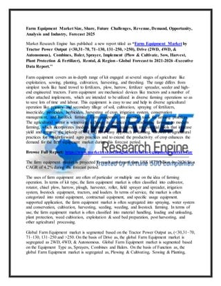 Farm Equipment Market Size, Share, Future Challenges, Revenue, Demand, Opportunity,
Analysis and Industry, Forecast 2025
Market Research Engine has published a new report titled as “Farm Equipment Market by
Tractor Power Output (<30,31–70, 71–130, 131–250, >250), Drive (2WD, 4WD, &
Autonomous), Combines, Baler, Sprayer, Implement (Plow & Cultivate, Sow, Harvest,
Plant Protection & Fertilizer), Rental, & Region - Global Forecast to 2021-2026 -Executive
Data Report.’’
Farm equipment covers an in-depth range of kit engaged at several stages of agriculture like
exploitation, sowing, planting, cultivation, harvesting, and threshing. The range differs from
simplest tools like hand trowel to fertilizers, plow, harrow, fertilizer spreader, seeder and high-
end engineered tractors. Farm equipment are mechanical devices like tractors and a number of
other attached implements, which are intended to be utilized in diverse farming operations so as
to save lots of time and labour. This equipment is easy to use and help in diverse agricultural
operation like primary and secondary tillage of soil, cultivation, spraying of fertilizers,
insecticide, pesticides, herbicides, harvesting of crop, irrigation system, conservation
management, and livestock farming. Farm equipment are essential tools for farming practices.
The agricultural sector is witnessing a change its practices from traditional farming to modern
farming, which incorporates modern machinery. This equipment are essential tools that increase
yield and improve the upkeep of soil and have easy approach in farming. Growth in agricultural
practices for straightforward agro practices and to extend the productivity of crop enhances the
demand for the farm equipment market during this forecast period.
Browse Full Report: https://www.marketresearchengine.com/farm-equipment-market-size
The farm equipment market is projected to reach cross more than US$ 117.0 billion by 2026 fat a
CAGR of 4.2% during the forecast period.
The uses of farm equipment are often of particular or multiple use on the idea of farming
operation. In terms of kit type, the farm equipment market is often classified into cultivator,
rotator, chisel plow, harrow, plough, harvester, roller, field sprayer and spreader, irrigation
system, livestock equipment, tractors, and loaders. In terms of service, the market is often
categorized into rental equipment, contractual equipment, and specific usage equipment.
supported application, the farm equipment market is often segregated into spraying, water system
and conservation, cultivation, harvesting, seeding, weeding, and livestock farming. In terms of
use, the farm equipment market is often classified into material handling, loading and unloading,
plant protection, weed cultivation, exploitation & seed bed preparation, post harvesting, and
other agricultural processing.
Global Farm Equipment market is segmented based on the Tractor Power Output as, (<30,31–70,
71–130, 131–250 and >250. On the basis of Drive as, the global Farm Equipment market is
segregated as 2WD, 4WD, & Autonomous. Global Farm Equipment market is segmented based
on the Equipment Type as, Sprayers, Combines and Balers. On the basis of Function as, the
global Farm Equipment market is segregated as, Plowing & Cultivating, Sowing & Planting,
 