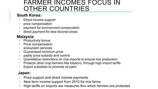 FARMER INCOMES FOCUS IN
OTHER COUNTRIES
South Korea:
• Direct income support
• price compensation
• payment for environment conservation
• direct payment for less favored areas
Malaysia:
• Productivity bonus
• Price compensation
• ecosystem services
• Guaranteed minimum price
• paddy price subsidy and control
• Quantitative restrictions on rice imports to ensure rice production
• Protects other crop farmers like tobacco, through high import tariffs
• Export subsidies to promote oil palm
Japan:
• Price support and direct income payments
• New farm income support from 2010 for rice farms
• High tariffs on imports are measures thru which farmers are protected
 