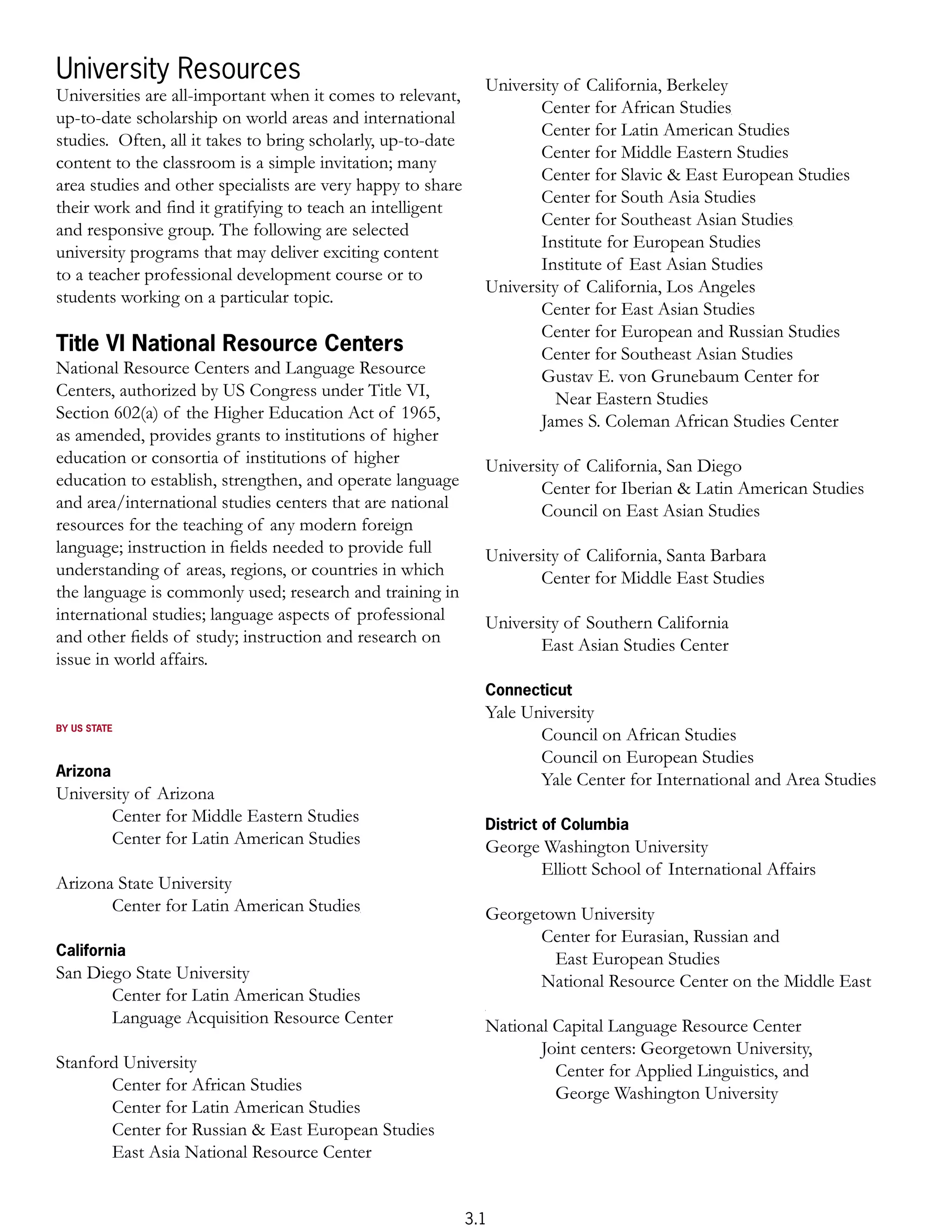 University Resources                                            University of California, Berkeley
Universities are all-important when it comes to relevant,
                                                                       Center for African Studies
up-to-date scholarship on world areas and international
                                                                       Center for Latin American Studies
studies. Often, all it takes to bring scholarly, up-to-date
                                                                       Center for Middle Eastern Studies
content to the classroom is a simple invitation; many
                                                                       Center for Slavic & East European Studies
area studies and other specialists are very happy to share
                                                                       Center for South Asia Studies
their work and ﬁnd it gratifying to teach an intelligent
                                                                       Center for Southeast Asian Studies
and responsive group. The following are selected
                                                                       Institute for European Studies
university programs that may deliver exciting content
                                                                       Institute of East Asian Studies
to a teacher professional development course or to
                                                                University of California, Los Angeles
students working on a particular topic.
                                                                       Center for East Asian Studies
                                                                       Center for European and Russian Studies
Title VI National Resource Centers                                     Center for Southeast Asian Studies
National Resource Centers and Language Resource                        Gustav E. von Grunebaum Center for
Centers, authorized by US Congress under Title VI,                        Near Eastern Studies
Section 602(a) of the Higher Education Act of 1965,                    James S. Coleman African Studies Center
as amended, provides grants to institutions of higher
education or consortia of institutions of higher                University of California, San Diego
education to establish, strengthen, and operate language               Center for Iberian & Latin American Studies
and area/international studies centers that are national               Council on East Asian Studies
resources for the teaching of any modern foreign
language; instruction in ﬁelds needed to provide full           University of California, Santa Barbara
understanding of areas, regions, or countries in which                 Center for Middle East Studies
the language is commonly used; research and training in
international studies; language aspects of professional         University of Southern California
and other ﬁelds of study; instruction and research on                  East Asian Studies Center
issue in world affairs.
                                                                Connecticut
                                                                Yale University
BY US STATE
                                                                       Council on African Studies
                                                                       Council on European Studies
Arizona
                                                                       Yale Center for International and Area Studies
University of Arizona
       Center for Middle Eastern Studies                        District of Columbia
       Center for Latin American Studies                        George Washington University
                                                                      Elliott School of International Affairs
Arizona State University
       Center for Latin American Studies                        Georgetown University
                                                                      Center for Eurasian, Russian and
California
                                                                        East European Studies
San Diego State University                                            National Resource Center on the Middle East
       Center for Latin American Studies
       Language Acquisition Resource Center                     National Capital Language Resource Center
                                                                       Joint centers: Georgetown University,
Stanford University                                                      Center for Applied Linguistics, and
       Center for African Studies                                        George Washington University
       Center for Latin American Studies
       Center for Russian & East European Studies
       East Asia National Resource Center


                                                              3.1
 