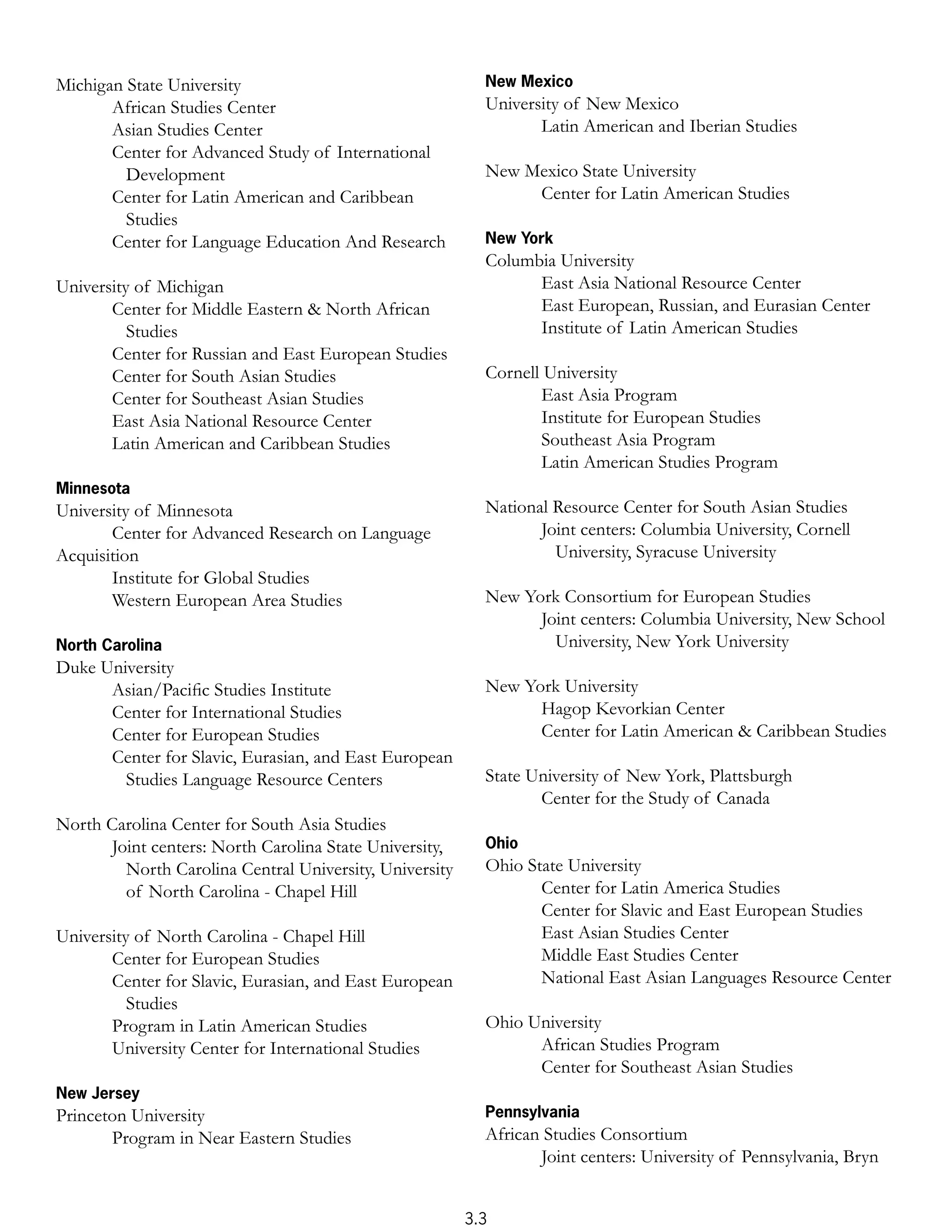 Michigan State University                                 New Mexico
       African Studies Center                             University of New Mexico
       Asian Studies Center                                      Latin American and Iberian Studies
       Center for Advanced Study of International
         Development                                      New Mexico State University
       Center for Latin American and Caribbean                 Center for Latin American Studies
         Studies
       Center for Language Education And Research         New York
                                                          Columbia University
University of Michigan                                          East Asia National Resource Center
       Center for Middle Eastern & North African                East European, Russian, and Eurasian Center
          Studies                                               Institute of Latin American Studies
       Center for Russian and East European Studies
       Center for South Asian Studies                     Cornell University
       Center for Southeast Asian Studies                        East Asia Program
       East Asia National Resource Center                        Institute for European Studies
       Latin American and Caribbean Studies                      Southeast Asia Program
                                                                 Latin American Studies Program
Minnesota
University of Minnesota                                   National Resource Center for South Asian Studies
       Center for Advanced Research on Language                  Joint centers: Columbia University, Cornell
Acquisition                                                        University, Syracuse University
       Institute for Global Studies
       Western European Area Studies                      New York Consortium for European Studies
                                                                Joint centers: Columbia University, New School
North Carolina                                                    University, New York University
Duke University
      Asian/Paciﬁc Studies Institute                      New York University
      Center for International Studies                          Hagop Kevorkian Center
      Center for European Studies                               Center for Latin American & Caribbean Studies
      Center for Slavic, Eurasian, and East European
        Studies Language Resource Centers                 State University of New York, Plattsburgh
                                                                 Center for the Study of Canada
North Carolina Center for South Asia Studies
      Joint centers: North Carolina State University,     Ohio
        North Carolina Central University, University     Ohio State University
        of North Carolina - Chapel Hill                          Center for Latin America Studies
                                                                 Center for Slavic and East European Studies
University of North Carolina - Chapel Hill                       East Asian Studies Center
       Center for European Studies                               Middle East Studies Center
       Center for Slavic, Eurasian, and East European            National East Asian Languages Resource Center
          Studies
       Program in Latin American Studies                  Ohio University
       University Center for International Studies              African Studies Program
                                                                Center for Southeast Asian Studies
New Jersey
Princeton University                                      Pennsylvania
       Program in Near Eastern Studies                    African Studies Consortium
                                                                 Joint centers: University of Pennsylvania, Bryn


                                                        3.3
 