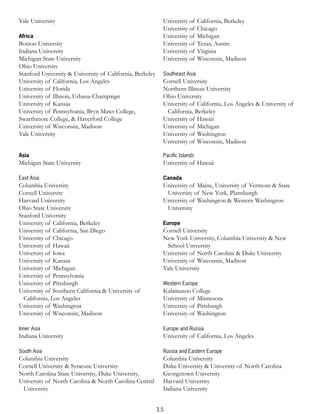 Yale University                                              University of    California, Berkeley
                                                             University of    Chicago
Africa                                                       University of    Michigan
Boston University                                            University of    Texas, Austin
Indiana University                                           University of    Virginia
Michigan State University                                    University of    Wisconsin, Madison
Ohio University
Stanford University & University of California, Berkeley     Southeast Asia
University of California, Los Angeles                        Cornell University
University of Florida                                        Northern Illinois University
University of Illinois, Urbana-Champaign                     Ohio University
University of Kansas                                         University of California, Los Angeles & University of
University of Pennsylvania, Bryn Mawr College,                California, Berkeley
Swarthmore College, & Haverford College                      University of Hawaii
University of Wisconsin, Madison                             University of Michigan
Yale University                                              University of Washington
                                                             University of Wisconsin, Madison

Asia                                                         Paciﬁc Islands
Michigan State University                                    University of Hawaii

East Asia                                                    Canada
Columbia University                                          University of Maine, University of Vermont & State
Cornell University                                            University of New York, Plattsburgh
Harvard University                                           University of Washington & Western Washington
Ohio State University                                         University
Stanford University
University of California, Berkeley                           Europe
University of California, San Diego                          Cornell University
University of Chicago                                        New York University, Columbia University & New
University of Hawaii                                          School University
University of Iowa                                           University of North Carolina & Duke University
University of Kansas                                         University of Wisconsin, Madison
University of Michigan                                       Yale University
University of Pennsylvania
University of Pittsburgh                                     Western Europe
University of Southern California & University of            Kalamazoo College
  California, Los Angeles                                    University of Minnesota
University of Washington                                     University of Pittsburgh
University of Wisconsin, Madison                             University of Washington

Inner Asia                                                   Europe and Russia
Indiana University                                           University of California, Los Angeles

South Asia                                                   Russia and Eastern Europe
Columbia University                                          Columbia University
Cornell University & Syracuse University                     Duke University & University of North Carolina
North Carolina State University, Duke University,            Georgetown University
University of North Carolina & North Carolina Central        Harvard University
 University                                                  Indiana University


                                                           3.5
 