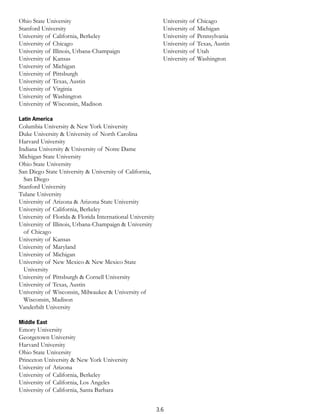 Ohio State University                                        University of   Chicago
Stanford University                                          University of   Michigan
University of California, Berkeley                           University of   Pennsylvania
University of Chicago                                        University of   Texas, Austin
University of Illinois, Urbana-Champaign                     University of   Utah
University of Kansas                                         University of   Washington
University of Michigan
University of Pittsburgh
University of Texas, Austin
University of Virginia
University of Washington
University of Wisconsin, Madison

Latin America
Columbia University & New York University
Duke University & University of North Carolina
Harvard University
Indiana University & University of Notre Dame
Michigan State University
Ohio State University
San Diego State University & University of California,
  San Diego
Stanford University
Tulane University
University of Arizona & Arizona State University
University of California, Berkeley
University of Florida & Florida International University
University of Illinois, Urbana-Champaign & University
  of Chicago
University of Kansas
University of Maryland
University of Michigan
University of New Mexico & New Mexico State
  University
University of Pittsburgh & Cornell University
University of Texas, Austin
University of Wisconsin, Milwaukee & University of
  Wisconsin, Madison
Vanderbilt University

Middle East
Emory University
Georgetown University
Harvard University
Ohio State University
Princeton University & New York University
University of Arizona
University of California, Berkeley
University of California, Los Angeles
University of California, Santa Barbara


                                                           3.6
 