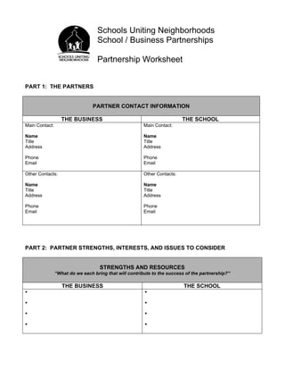 Schools Uniting Neighborhoods
                                   School / Business Partnerships

                                   Partnership Worksheet


PART 1: THE PARTNERS


                                 PARTNER CONTACT INFORMATION

                   THE BUSINESS                                           THE SCHOOL
Main Contact:                                           Main Contact:

Name                                                    Name
Title                                                   Title
Address                                                 Address

Phone                                                   Phone
Email                                                   Email

Other Contacts:                                         Other Contacts:

Name                                                    Name
Title                                                   Title
Address                                                 Address

Phone                                                   Phone
Email                                                   Email




PART 2: PARTNER STRENGTHS, INTERESTS, AND ISSUES TO CONSIDER


                                    STRENGTHS AND RESOURCES
                “What do we each bring that will contribute to the success of the partnership?”

                   THE BUSINESS                                           THE SCHOOL
 