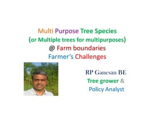 Multi Purpose Tree Species
(or Multiple trees for multipurposes)
@ Farm boundaries
Farmer’s Challenges
RP Ganesan BE
Tree grower &
Policy Analyst
 
