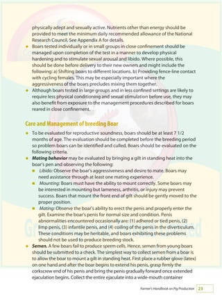 23Farmer's Handbook on Pig Production
physically adept and sexually active. Nutrients other than energy should be
provided to meet the minimum daily recommended allowance of the National
Research Council. See Appendix A for details.
Boars tested individually or in small groups in close confinement should be
managed upon completion of the test in a manner to develop physical
hardening and to stimulate sexual arousal and libido. Where possible, this
should be done before delivery to their new owners and might include the
following: a) Shifting boars to different locations. b) Providing fence-line contact
with cycling females. This may be especially important where the
aggressiveness of the boars precludes mixing them together.
Although boars tested in large groups and in less confined settings are likely to
require less physical conditioning and sexual stimulation before use, they may
also benefit from exposure to the management procedures described for boars
reared in close confinement.
Care and Management of breeding Boar
To be evaluated for reproductive soundness, boars should be at least 7 1/2
months of age. The evaluation should be completed before the breeding period
so problem boars can be identified and culled. Boars should be evaluated on the
following criteria.
Mating behavior may be evaluated by bringing a gilt in standing heat into the
boar's pen and observing the following:
Libido: Observe the boar's aggressiveness and desire to mate. Boars may
need assistance through at least one mating experience.
Mounting: Boars must have the ability to mount correctly. Some boars may
be interested in mounting but lameness, arthritis, or injury may prevent
success. Boars that mount the front end of gilt should be gently moved to the
proper position.
Mating: Observe the boar's ability to erect the penis and properly enter the
gilt. Examine the boar's penis for normal size and condition. Penis
abnormalities encountered occasionally are: (1) adhered or tied penis, (2)
limp penis, (3) infantile penis, and (4) coiling of the penis in the diverticulum.
These conditions may be heritable, and boars exhibiting these problems
should not be used to produce breeding stock.
Semen. A few boars fail to produce sperm cells. Hence, semen from young boars
should be submitted to a check. The simplest way to collect semen from a boar is
to allow the boar to mount a gilt in standing heat. First place a rubber glove (latex)
on one hand and after the boar begins to extend his penis, grasp firmly the
corkscrew end of his penis and bring the penis gradually forward once extended
ejaculation begins. Collect the entire ejaculate into a wide-mouth container
á
á
á
á



á
 