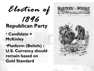 Election of
1896

Republican Party
• Candidate =
McKinley
•Platform (Beliefs) :
U.S. Currency should
remain based on
Gold Standard

 