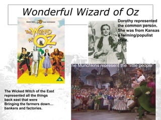 Wonderful Wizard of Oz
Dorothy represented
the common person.
She was from Kansas
a farming/populist
state.

•The Munchkins represent the “little people”

The Wicked Witch of the East
represented all the things
back east that were
Bringing the farmers down…
bankers and factories.

 