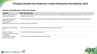 DESAFIOS AÇÕES PARA RESOLVER
Padrão de gestão cobrado dos
produtores de sementes
• Rever toda a política de produção e regras a serem cumpridas para aumentar a qualidade e principalmente elevar germinação e "vigor" para acima
de 90% em todos os lotes
Rotatividade de profissionais
(RTV's e Gerentes das
multinacionais)
• Criar um plano de carreira mais transparente para os profissionais e para os produtores (ouvir os feedbacks das atuações desses profissionais)
Agregar valor na nossa produção • Buscar informação e empreender
Desmarginalizar a mão de obra
rural
• Cada vez mais valorizar seus funcionários, deixando claro para quem observa de fora
Reduzir os custos das
tecnologias (plataformas digitais
e maquinário)
• Lutar de todas as formas para que seja acessível
Estar próximo do produtor e
entender as dores deles
• Criar valor através de relacionamento e troca de informação
Desafios ordenados por número de citações
Principais Desafios dos Produtores e Ações Necessárias Para Resolver (2/2)
 