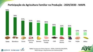 Participação da Agricultura Familiar na Produção - 2029/2030 - MAPA
94%
70%
57%
51% 49% 46%
35%
31% 31%
12% 12%
Fumo Mandioca Cacau Carne Suína Banana Carne de Frango Café Carne Bovina Uva Feijão Milho
Fumo Mandioca Cacau
Carne de
Porco
Banana
Carne de
Frango
Café
Carne
Bovina
Uva Feijão Milho
Fonte: Secretaria de Política Agrícola – MAPA, CGAPI/DCI/SPA/MAPA,
SIRE/Embrapa e Departamento de Estatística/UNB
 