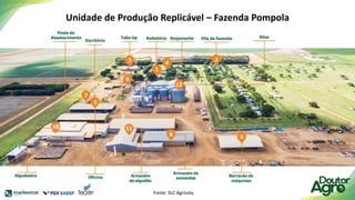 Oficina
2
3
Escritório
1
9
6
Barracão de
máquinas
7
5
Posto de
Abastecimento Take Up Silos
12
Algodoeira
10
Armazém
de algodão
11
8
Armazém de
sementes
4
Refeitório Alojamento Vila da fazenda
Unidade de Produção Replicável – Fazenda Pompola
Fonte: SLC Agrícola
 