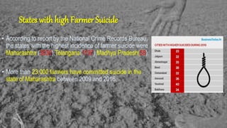 States with high Farmer Suicide
• According to report by the National Crime Records Bureau,
the states with the highest incidence of farmer suicide were
Maharashtra (3030),Telangana(1197),Madhya Pradesh(58).
• More than 23,000 farmers have committed suicide in the
state of Maharashtra between 2009 and 2016.
 