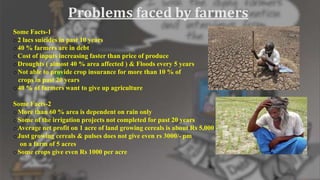 Problems faced by farmers
Some Facts-1
o2 lacs suicides in past 10 years
o40 % farmers are in debt
oCost of inputs increasing faster than price of produce
oDroughts ( almost 40 % area affected ) & Floods every 5 years
oNot able to provide crop insurance for more than 10 % of
crops in past 20 years
o40 % of farmers want to give up agriculture
Some Facts-2
oMore than 60 % area is dependent on rain only
oSome of the irrigation projects not completed for past 20 years
oAverage net profit on 1 acre of land growing cereals is about Rs 5,000
oJust growing cereals & pulses does not give even rs 3000/- pm
on a farm of 5 acres
oSome crops give even Rs 1000 per acre
 