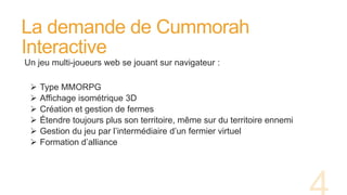 La demande de Cummorah
Interactive
Un jeu multi-joueurs web se jouant sur navigateur :
 Type MMORPG
 Affichage isométrique 3D
 Création et gestion de fermes
 Étendre toujours plus son territoire, même sur du territoire ennemi
 Gestion du jeu par l’intermédiaire d’un fermier virtuel
 Formation d’alliance
 