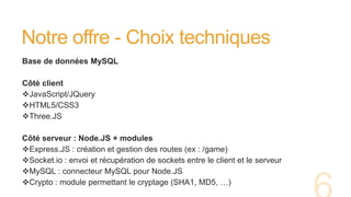 Notre offre - Choix techniques
Base de données MySQL
Côté client
JavaScript/JQuery
HTML5/CSS3
Three.JS
Côté serveur : Node.JS + modules
Express.JS : création et gestion des routes (ex : /game)
Socket.io : envoi et récupération de sockets entre le client et le serveur
MySQL : connecteur MySQL pour Node.JS
Crypto : module permettant le cryptage (SHA1, MD5, …)
 