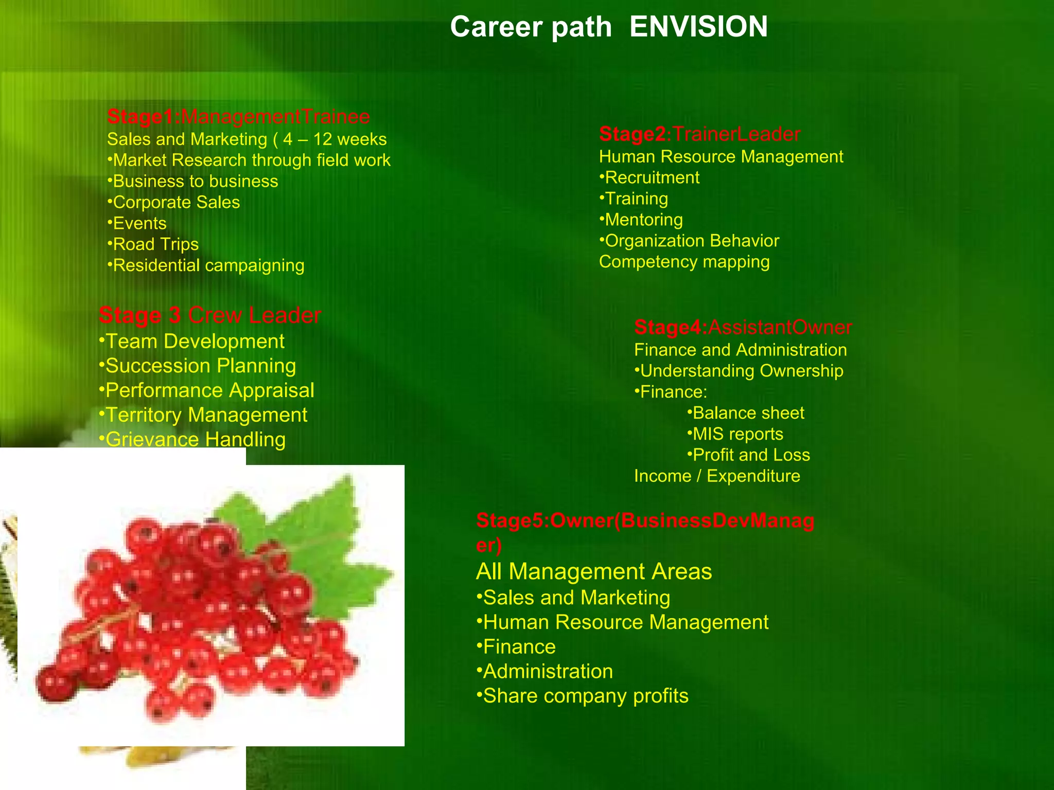 Career path  ENVISION  Stage2 : TrainerLeader Human Resource Management Recruitment Training Mentoring  Organization Behavior Competency mapping  Stage 3  Crew Leader Team Development Succession Planning Performance Appraisal Territory Management Grievance Handling Stage1: ManagementTrainee Sales and Marketing ( 4 – 12 weeks Market Research through field work Business to business Corporate Sales Events Road Trips Residential campaigning Stage4: AssistantOwner Finance and Administration Understanding Ownership Finance: Balance sheet MIS reports Profit and Loss Income / Expenditure   Stage5:Owner(BusinessDevManager) All Management Areas Sales and Marketing Human Resource Management Finance Administration Share company profits 