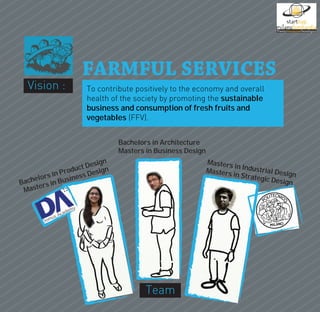 FARMFUL SERVICES
  Vision :           To contribute positively to the economy and overall
                     health of the society by promoting the sustainable
                     business and consumption of fresh fruits and
                     vegetables (FFV).


                                Bachelors in Architecture
                                Masters in Business Design
                        esign                                Masters
                  uct D                                               in
                                                             Masters Industrial Desig
          in Prod s Design                                           in Strate            n
    elors       ines                                                           gic Desig
Bach rs in Bus                                                                           n
 M aste




                                        Team
 