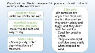 Variations in these components produce almost infinite
variety in the world’s soils.
Abundant clays
-make soil sticky and wet
Abundant organic
material and sand
-make the soil soft and
easy to dig.
Sandy soils
- Drain quickly, often
depriving plants of
moisture.
Silty soils
-silt particles are
larger than clays and
smaller than sand so
they aren’t sticky and
soggy, and they don’t
drain too quickly.
- Ideal for growing
crops.
- They are also light
and blow away easily
when exposed to
wind.
 