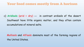 c) Aridisols (arid = dry) in contrast ardisols of the desert
─
Southwest have little organic matter, and they often contain
accumulations of mineral salts.
Mollisols and Alfisols dominate most of the farming regions of
the United States.
Your food comes mostly from A horizon
 