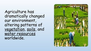 Agriculture has
dramatically changed
our environment,
altering patterns of
vegetation, soils, and
water resources
worldwide.
 