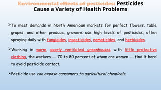 To meet demands in North American markets for perfect flowers, table
grapes, and other produce, growers use high levels of pesticides, often
spraying daily with fungicides, insecticides, nematicides, and herbicides.
Working in warm, poorly ventilated greenhouses with little protective
clothing, the workers 70 to 80 percent of whom are women find it hard
─ ─
to avoid pesticide contact.
Pesticide use can expose consumers to agricultural chemicals.
Environmental effects of pesticides: Pesticides
Cause a Variety of Health Problems
 