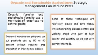 Organic farming and
sustainable farming use a
multitude of practices to
control pests.
Organic and Sustainable Agriculture: Strategic
Management Can Reduce Pests
Improved management programs can
cut pesticide use by 50 to 90
percent without reducing crop
production or creating new disease.
Some of these techniques are
relatively simple and save money
while maintaining disease control and
yielding crops with just as high
quality and quantity as we get with
current methods.
 