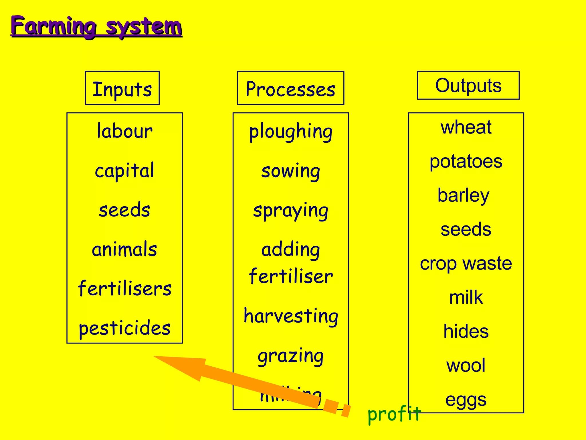 Farming system Inputs labour capital seeds animals fertilisers pesticides Processes ploughing sowing spraying adding fertiliser harvesting grazing milking Outputs wheat potatoes barley   seeds crop waste milk hides wool eggs profit 