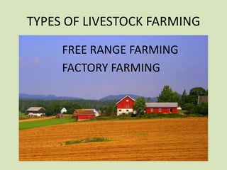 TYPES OF LIVESTOCK FARMING
FREE RANGE FARMING
FACTORY FARMING

 