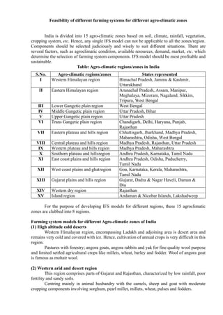 Feasibility of different farming systems for different agro-climatic zones
India is divided into 15 agro-climatic zones based on soil, climate, rainfall, vegetation,
cropping system, etc. Hence, any single IFS model can not be applicable to all the zones/region.
Components should be selected judiciously and wisely to suit different situations. There are
several factors, such as agroclimatic condition, available resources, demand, market, etc. which
determine the selection of farming system components. IFS model should be most profitable and
sustainable.
Table: Agro-climatic regions/zones in India
S.No. Agro-climatic regions/zones States represented
I Western Himalayan region Himachal Pradesh, Jammu & Kashmir,
Uttarakhand
II Eastern Himalayan region Arunachal Pradesh, Assam, Manipur,
Meghalaya, Mizoram, Nagaland, Sikkim,
Tripura, West Bengal
III Lower Gangetic plain region West Bengal
IV Middle Gangetic plain region Uttar Pradesh, Bihar
V Upper Gangetic plain region Uttar Pradesh
VI Trans Gangetic plain region Chandigarh, Delhi, Haryana, Punjab,
Rajasthan
VII Eastern plateau and hills region Chhattisgarh, Jharkhand, Madhya Pradesh,
Maharashtra, Odisha, West Bengal
VIII Central plateau and hills region Madhya Pradesh, Rajasthan, Uttar Pradesh
IX Western plateau and hills region Madhya Pradesh, Maharashtra
X Southern plateau and hillsregion Andhra Pradesh, Karnataka, Tamil Nadu
XI East coast plains and hills region Andhra Pradesh, Odisha, Puducherry,
Tamil Nadu
XII West coast plains and ghatregion Goa, Karnataka, Kerala, Maharashtra,
Tamil Nadu
XIII Gujarat plains and hills region Gujarat, Dadra & Nagar Haveli, Daman &
Diu
XIV Western dry region Rajasthan
XV Island region Andaman & Nicobar Islands, Lakshadweep
For the purpose of developing IFS models for different regions, these 15 agroclimatic
zones are clubbed into 8 regions.
Farming system models for different Agro-climatic zones of India
(1) High altitude cold deserts
Western Himalayan region, encompassing Ladakh and adjoining area is desert area and
remains very cold and covered with ice. Hence, cultivation of annual crops is very difficult in this
region.
Pastures with forestry; angora goats, angora rabbits and yak for fine quality wool purpose
and limited settled agricultural crops like millets, wheat, barley and fodder. Wool of angora goat
is famous as mohair wool.
(2) Western arid and desert region
This region comprises parts of Gujarat and Rajasthan, characterized by low rainfall, poor
fertility and sandy soils.
Centring mainly in animal husbandry with the camels, sheep and goat with moderate
cropping components involving sorghum, pearl millet, millets, wheat, pulses and fodders.
 