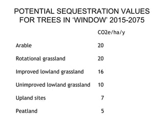 POTENTIAL SEQUESTRATION VALUES
FOR TREES IN ‘WINDOW’ 2015-2075
CO2e/ha/y
Arable 20
Rotational grassland 20
Improved lowland grassland 16
Unimproved lowland grassland 10
Upland sites 7
Peatland 5
 