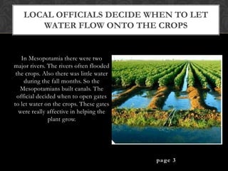 LOCAL OFFICIALS DECIDE WHEN TO LET
       WATER FLOW ONTO THE CROPS


    In Mesopotamia there were two
major rivers. The rivers often flooded
 the crops. Also there was little water
     during the fall months. So the
   Mesopotamians built canals. The
  official decided when to open gates
to let water on the crops. These gates
   were really affective in helping the
               plant grow.




                                          page 3
 
