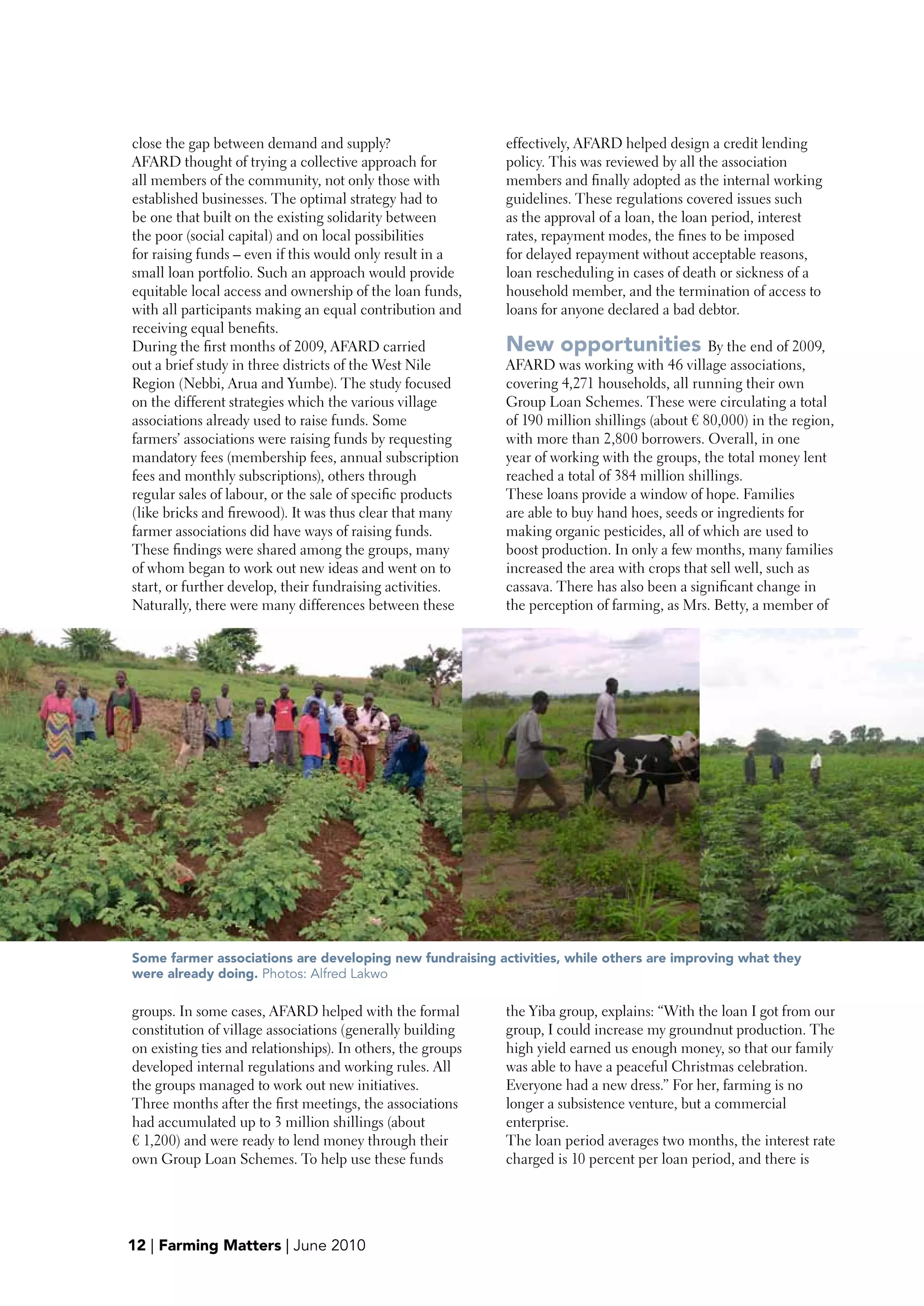 close the gap between demand and supply?                     effectively, AFARD helped design a credit lending
AFARD thought of trying a collective approach for            policy. This was reviewed by all the association
all members of the community, not only those with            members and finally adopted as the internal working
established businesses. The optimal strategy had to          guidelines. These regulations covered issues such
be one that built on the existing solidarity between         as the approval of a loan, the loan period, interest
the poor (social capital) and on local possibilities         rates, repayment modes, the fines to be imposed
for raising funds – even if this would only result in a      for delayed repayment without acceptable reasons,
small loan portfolio. Such an approach would provide         loan rescheduling in cases of death or sickness of a
equitable local access and ownership of the loan funds,      household member, and the termination of access to
with all participants making an equal contribution and       loans for anyone declared a bad debtor.
receiving equal benefits.
During the first months of 2009, AFARD carried               New opportunities By the end of 2009,
out a brief study in three districts of the West Nile        AFARD was working with 46 village associations,
Region (Nebbi, Arua and Yumbe). The study focused            covering 4,271 households, all running their own
on the different strategies which the various village        Group Loan Schemes. These were circulating a total
associations already used to raise funds. Some               of 190 million shillings (about € 80,000) in the region,
farmers’ associations were raising funds by requesting       with more than 2,800 borrowers. Overall, in one
mandatory fees (membership fees, annual subscription         year of working with the groups, the total money lent
fees and monthly subscriptions), others through              reached a total of 384 million shillings.
regular sales of labour, or the sale of specific products    These loans provide a window of hope. Families
(like bricks and firewood). It was thus clear that many      are able to buy hand hoes, seeds or ingredients for
farmer associations did have ways of raising funds.          making organic pesticides, all of which are used to
These findings were shared among the groups, many            boost production. In only a few months, many families
of whom began to work out new ideas and went on to           increased the area with crops that sell well, such as
start, or further develop, their fundraising activities.     cassava. There has also been a significant change in
Naturally, there were many differences between these         the perception of farming, as Mrs. Betty, a member of




Some farmer associations are developing new fundraising activities, while others are improving what they
were already doing. Photos: Alfred Lakwo

groups. In some cases, AFARD helped with the formal          the Yiba group, explains: “With the loan I got from our
constitution of village associations (generally building     group, I could increase my groundnut production. The
on existing ties and relationships). In others, the groups   high yield earned us enough money, so that our family
developed internal regulations and working rules. All        was able to have a peaceful Christmas celebration.
the groups managed to work out new initiatives.              Everyone had a new dress.” For her, farming is no
Three months after the first meetings, the associations      longer a subsistence venture, but a commercial
had accumulated up to 3 million shillings (about             enterprise.
€ 1,200) and were ready to lend money through their          The loan period averages two months, the interest rate
own Group Loan Schemes. To help use these funds              charged is 10 percent per loan period, and there is




12 | Farming Matters | June 2010
 