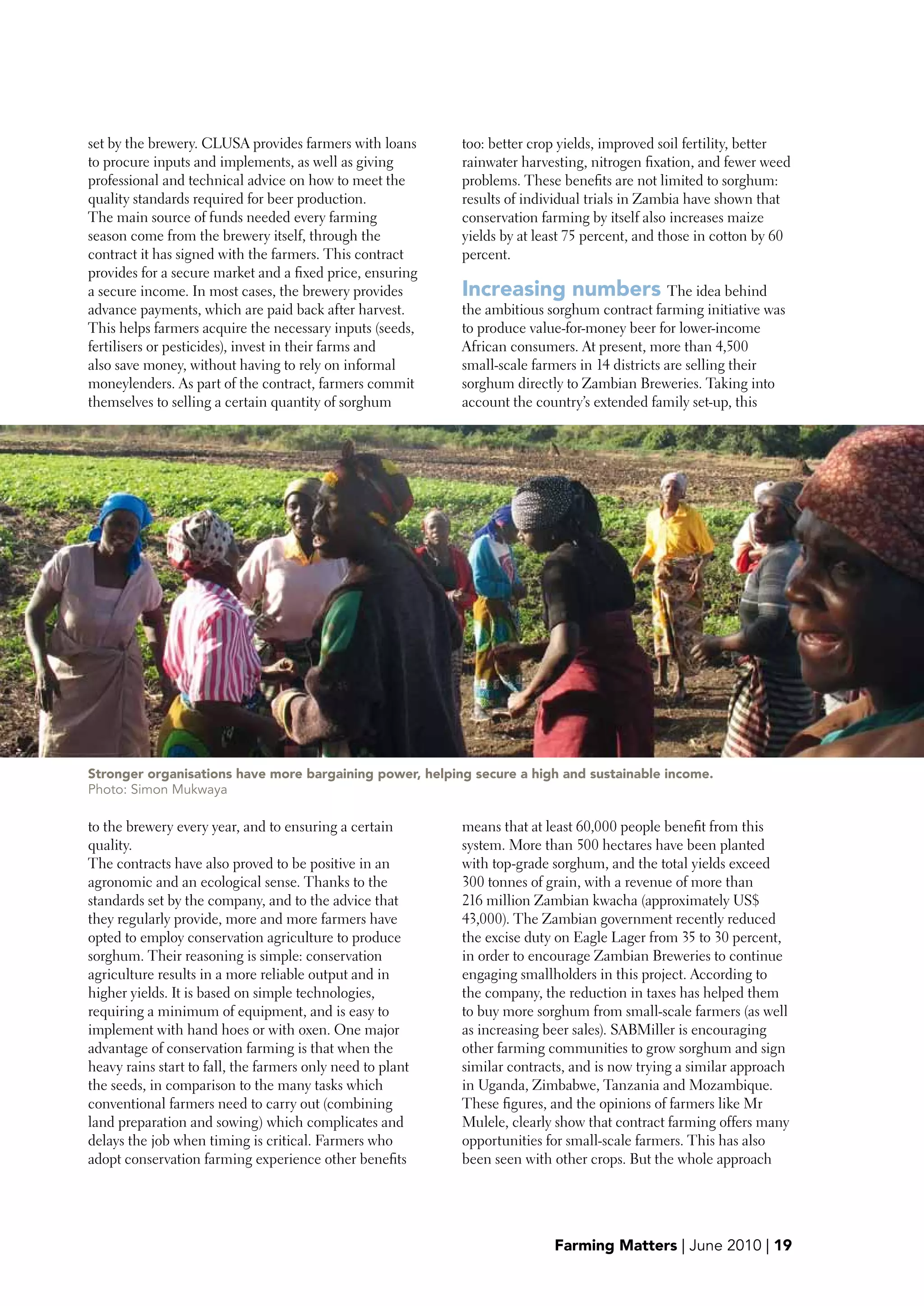 set by the brewery. CLUSA provides farmers with loans       too: better crop yields, improved soil fertility, better
to procure inputs and implements, as well as giving         rainwater harvesting, nitrogen fixation, and fewer weed
professional and technical advice on how to meet the        problems. These benefits are not limited to sorghum:
quality standards required for beer production.             results of individual trials in Zambia have shown that
The main source of funds needed every farming               conservation farming by itself also increases maize
season come from the brewery itself, through the            yields by at least 75 percent, and those in cotton by 60
contract it has signed with the farmers. This contract      percent.
provides for a secure market and a fixed price, ensuring
a secure income. In most cases, the brewery provides        Increasing numbers The idea behind
advance payments, which are paid back after harvest.        the ambitious sorghum contract farming initiative was
This helps farmers acquire the necessary inputs (seeds,     to produce value-for-money beer for lower-income
fertilisers or pesticides), invest in their farms and       African consumers. At present, more than 4,500
also save money, without having to rely on informal         small-scale farmers in 14 districts are selling their
moneylenders. As part of the contract, farmers commit       sorghum directly to Zambian Breweries. Taking into
themselves to selling a certain quantity of sorghum         account the country’s extended family set-up, this




Stronger organisations have more bargaining power, helping secure a high and sustainable income.
Photo: Simon Mukwaya

to the brewery every year, and to ensuring a certain        means that at least 60,000 people benefit from this
quality.                                                    system. More than 500 hectares have been planted
The contracts have also proved to be positive in an         with top-grade sorghum, and the total yields exceed
agronomic and an ecological sense. Thanks to the            300 tonnes of grain, with a revenue of more than
standards set by the company, and to the advice that        216 million Zambian kwacha (approximately US$
they regularly provide, more and more farmers have          43,000). The Zambian government recently reduced
opted to employ conservation agriculture to produce         the excise duty on Eagle Lager from 35 to 30 percent,
sorghum. Their reasoning is simple: conservation            in order to encourage Zambian Breweries to continue
agriculture results in a more reliable output and in        engaging smallholders in this project. According to
higher yields. It is based on simple technologies,          the company, the reduction in taxes has helped them
requiring a minimum of equipment, and is easy to            to buy more sorghum from small-scale farmers (as well
implement with hand hoes or with oxen. One major            as increasing beer sales). SABMiller is encouraging
advantage of conservation farming is that when the          other farming communities to grow sorghum and sign
heavy rains start to fall, the farmers only need to plant   similar contracts, and is now trying a similar approach
the seeds, in comparison to the many tasks which            in Uganda, Zimbabwe, Tanzania and Mozambique.
conventional farmers need to carry out (combining           These figures, and the opinions of farmers like Mr
land preparation and sowing) which complicates and          Mulele, clearly show that contract farming offers many
delays the job when timing is critical. Farmers who         opportunities for small-scale farmers. This has also
adopt conservation farming experience other benefits        been seen with other crops. But the whole approach




                                                                           Farming Matters | June 2010 | 19
 