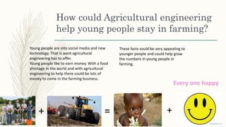 How could Agricultural engineering
help young people stay in farming?
Young people are into social media and new
technology. That is want agricultural
engineering has to offer.
Young people like to earn money. With a food
shortage in the world and with agricultural
engineering to help there could be lots of
money to come in the farming business.
These facts could be very appealing to
younger people and could help grow
the numbers in young people in
farming.
+ = +
 