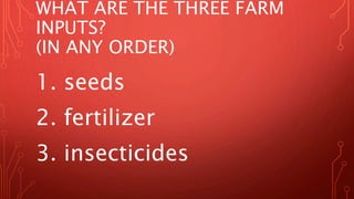 WHAT ARE THE THREE FARM
INPUTS?
(IN ANY ORDER)
1. seeds
2. fertilizer
3. insecticides
 