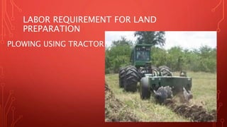 LABOR REQUIREMENT FOR LAND
PREPARATION
PLOWING USING TRACTOR
 