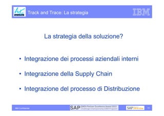 Track and Trace: La strategia




                     La strategia della soluzione?


    • Integrazione dei processi aziendali interni

    • Integrazione della Supply Chain

    • Integrazione del processo di Distribuzione

IBM Confidential                                     11
 