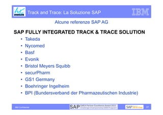 Track and Trace: La Soluzione SAP

                          Alcune referenze SAP AG

SAP FULLY INTEGRATED TRACK & TRACE SOLUTION
      •    Takeda
      •    Nycomed
      •    Basf
      •    Evonik
      •    Bristol Meyers Squibb
      •    securPharm
      •    GS1 Germany
      •    Boehringer Ingelheim
      •    BPI (Bundersverband der Pharmazeutischen Industrie)

IBM Confidential                                                 27
 