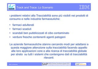 Track and Trace: Lo Scenario

Iproblemi relativi alla Tracciabilità sono più visibili nei prodotti di
consumo e nelle industrie farmaceutiche:

•     farmaci adulterati
•     farmaci scaduti
•     scandali ben pubblicizzati di cibo contaminato
•     verdure fresche contenenti agenti patogeni

Le aziende farmaceutiche stanno cercando modi per adattarsi a
 questa maggiore attenzione sulla tracciabilità facendo appello
 alle loro applicazioni core e alla ricerca di tracciabilità globale
 per strato su tutti i sistemi che contengono dati di tracciabilità
                               rilevanti.

IBM Confidential                                                          9
 